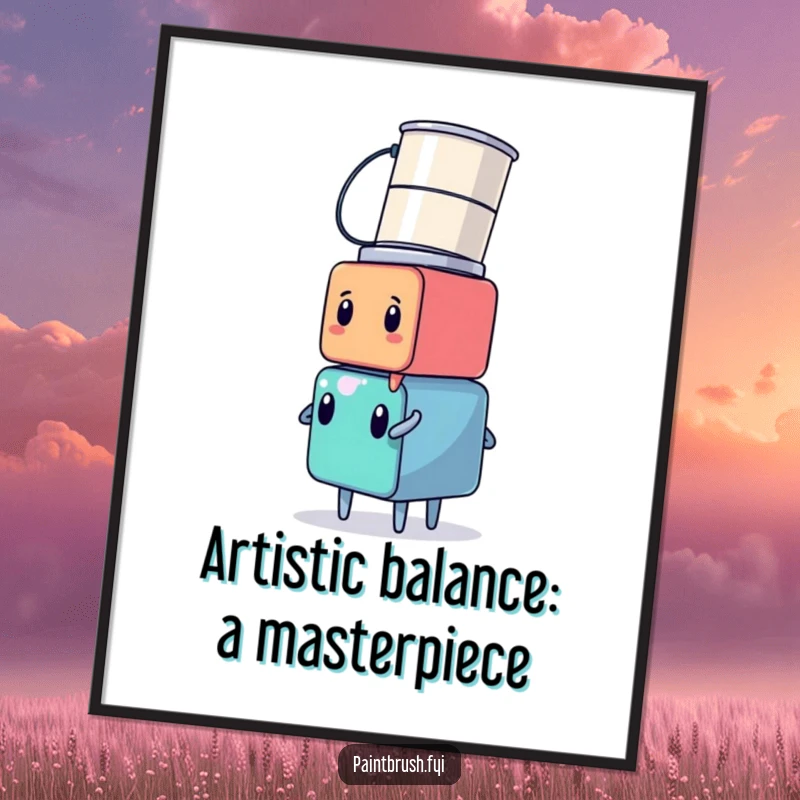 Funny Free Printable Wall Art featuring a cube character with a tall, unstable stack of colorful paint cans on its head.