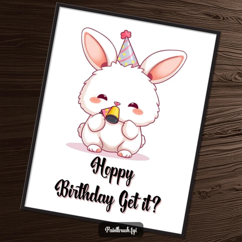 Funny Free Printable Wall Art depicts a fluffy bunny in a party hat enthusiastically blowing a noisemaker in a festive scene.