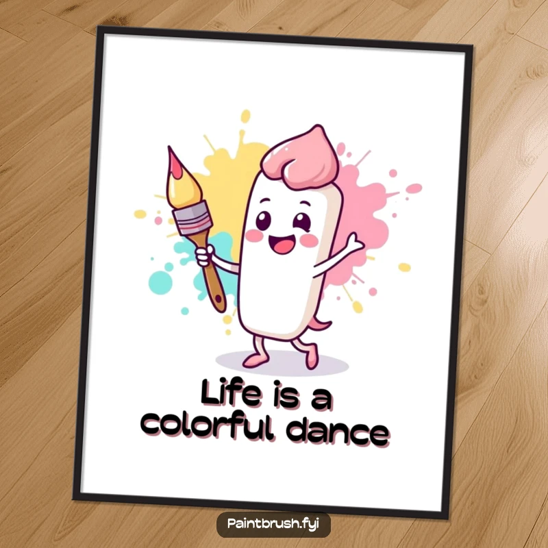 Funny Free Printable Wall Art: Happy paintbrush character dances with a large, animated paint splotch, radiating pure joy.