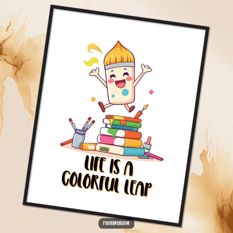 Funny Free Printable Wall Art: Joyful paintbrush character leaping joyfully over a stack of colorful art supplies, dynamic art.