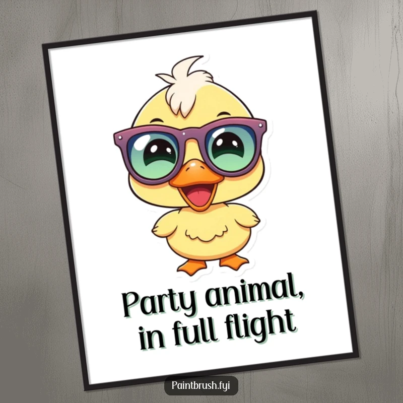 Funny Free Printable Wall Art of a beaming duckling sporting comically large party glasses, full of infectious glee.