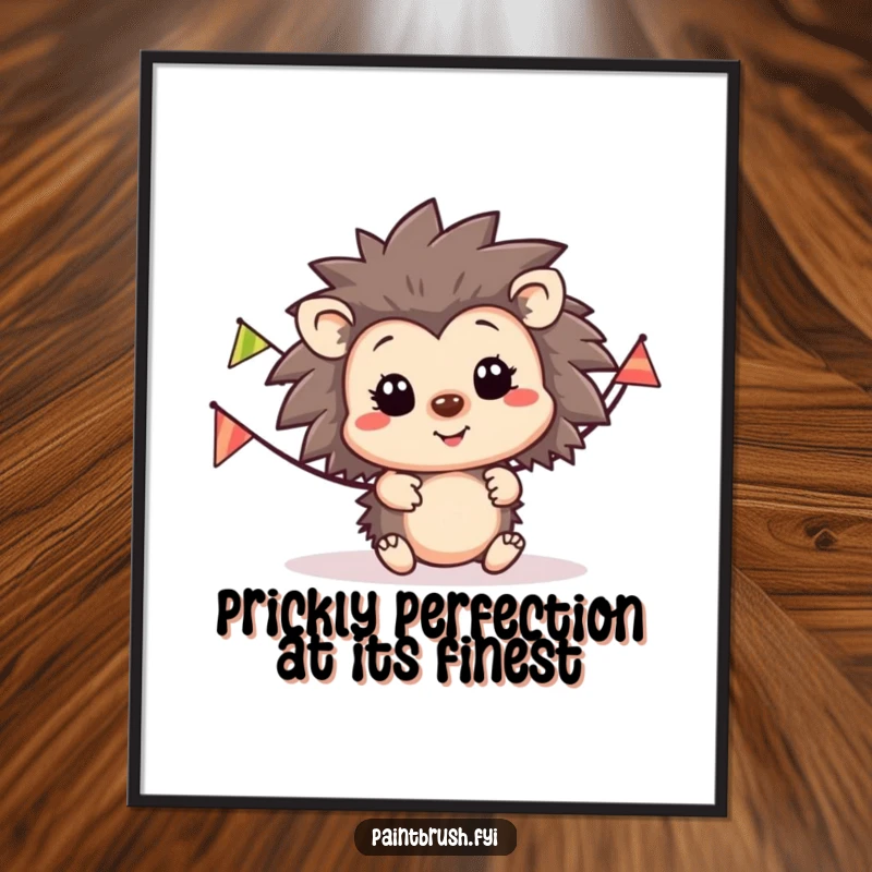 Funny Free Printable Wall Art of a happy hedgehog with a long, colorful stripey party banner stretching behind it.