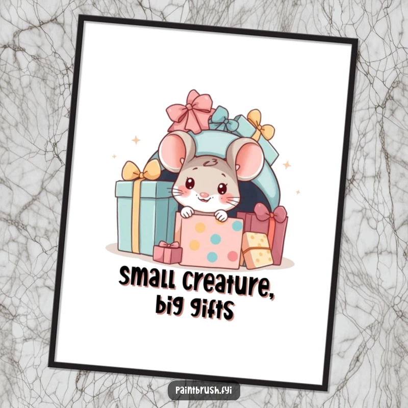 Funny Free Printable Wall Art of a tiny mouse peeking out from under a large, enticing pile of wrapped gifts.