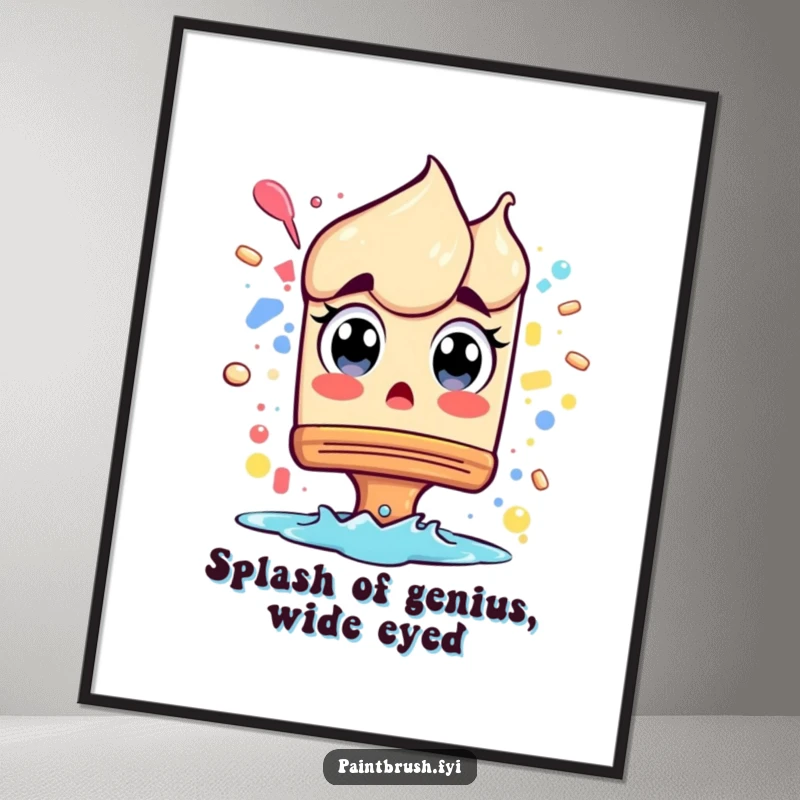 Funny Free Printable Wall Art depicting a paintbrush with wide, surprised eyes from a splash, adding a humorous and unexpected element.
