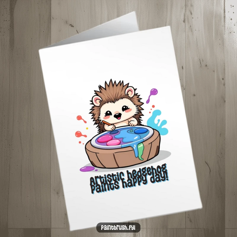Funny Free Printable Hedgehog Birthday Card: A playful hedgehog joyfully rolling in vibrant paint palettes, creating a colorful mess.