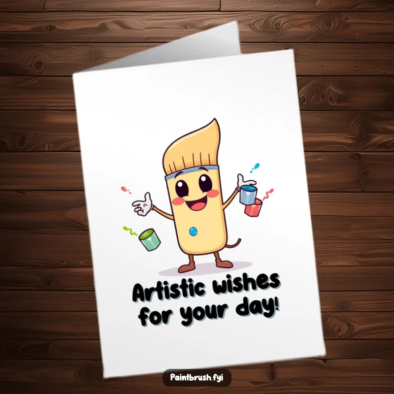 Funny Free Printable Birthday Card: A happy paintbrush character gleefully juggles three small, bouncing paint pots with artistic flair.