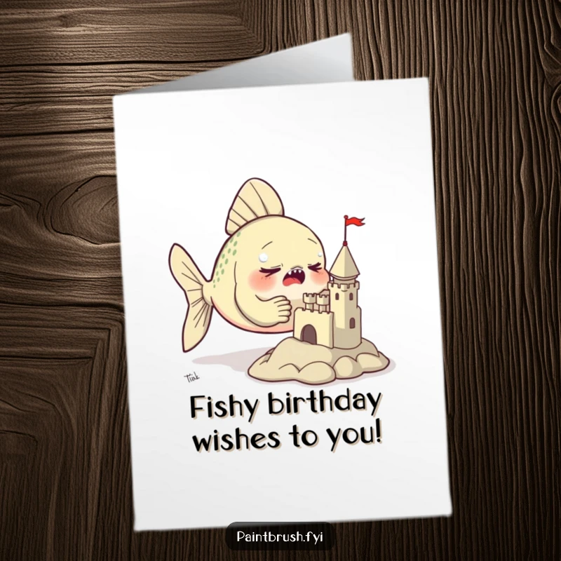 Funny Free Printable Fish Birthday Card: A determined fish working diligently to sculpt a tiny clay castle with its fins.
