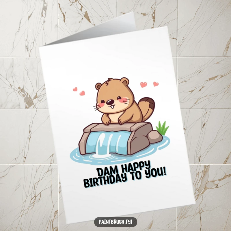 Funny Free Printable Birthday Card featuring a diligent beaver character smoothing the edges of a small dam with intense focus.