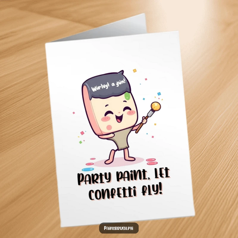 Funny Free Printable Birthday Card: Glee paintbrush character gleefully tossing paint blobs like confetti for a festive, downloadable celebration.
