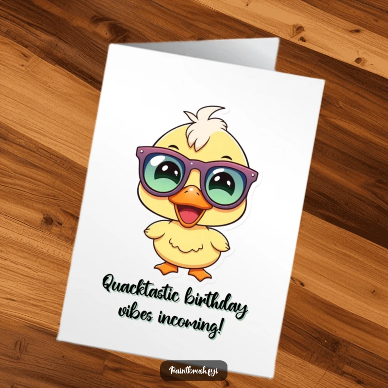 Funny Free Printable Birthday Card showing a joyous duckling with huge party glasses, radiating pure birthday bliss.