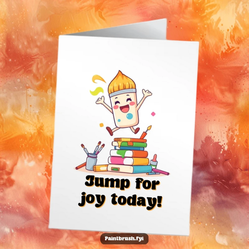 Funny Free Printable Birthday Card: Joyful paintbrush character leaping energetically over art supplies, celebrating fun.