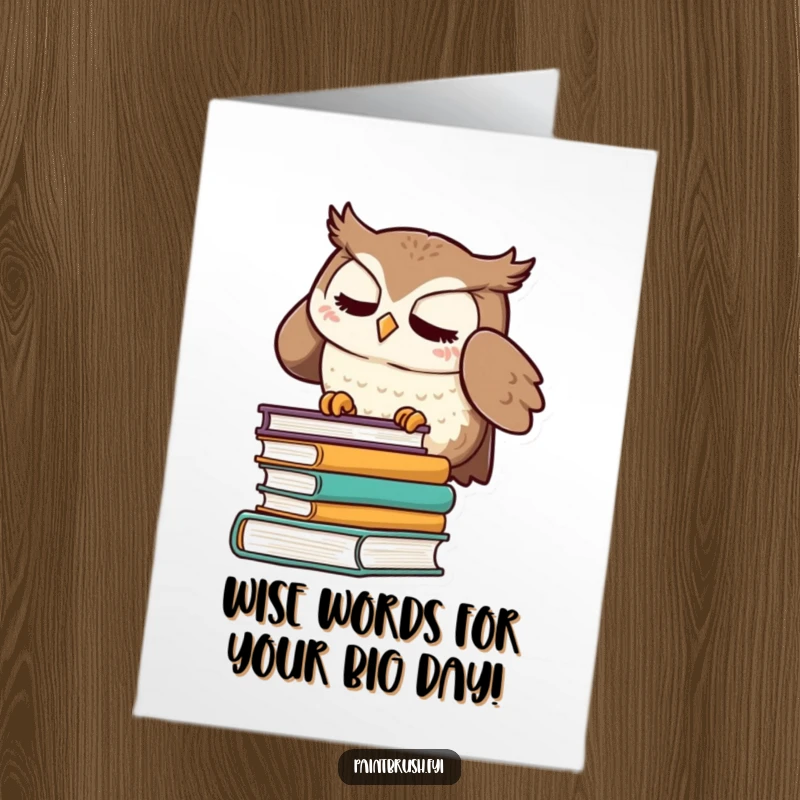 Funny Free Printable Birthday Card featuring a meticulous owl character straightening a stack of books with a focused expression.