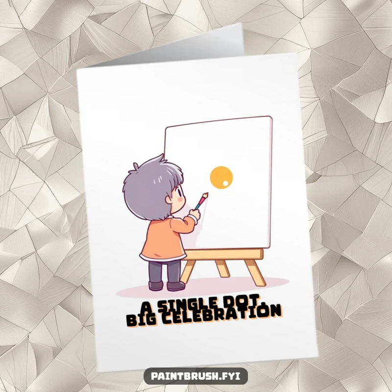 Funny Free Printable Birthday Card: A character joyfully painting a single, bright red dot onto a large blank canvas.