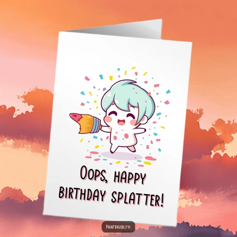 Funny free printable birthday card showing a clumsy paintbrush tripping and scattering colorful confetti paint everywhere.