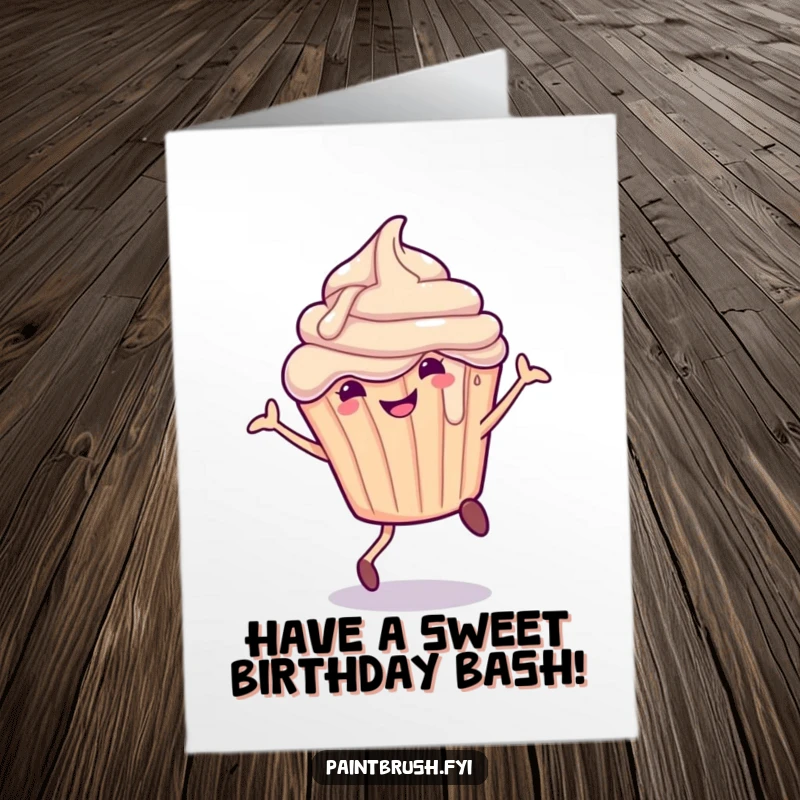Funny Free Printable Birthday Card: A smiling cupcake character with dripping frosting joyfully performs a cartwheel, spreading birthday cheer.