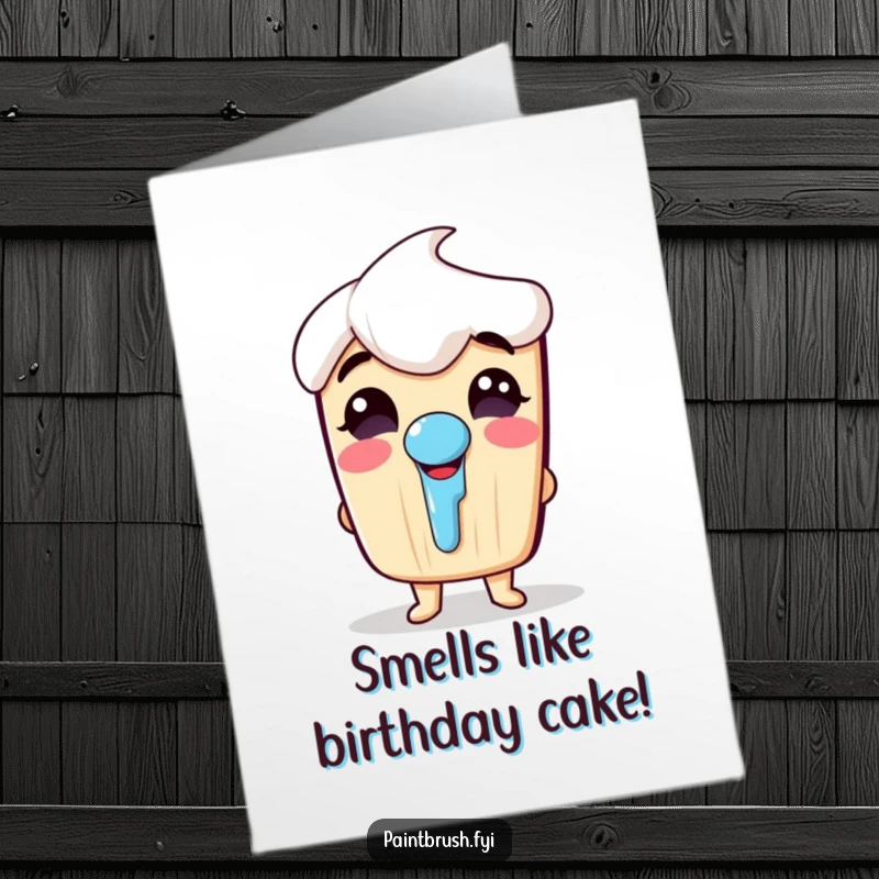 Funny Free Printable Birthday Card: Giggle-prone paintbrush character with a dripping nose, ready to spread birthday cheer with a laugh.