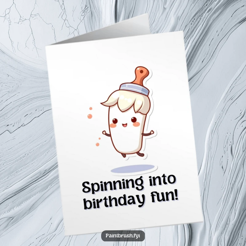 Funny Free Printable Birthday Card: A paintbrush character wearing a small party hat, spinning joyfully, inviting celebration.