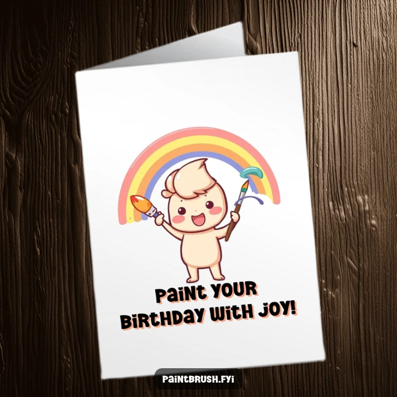 Funny Free Printable Birthday Card featuring a cheerful paintbrush character enthusiastically painting a bright rainbow arc, spreading joy and color.