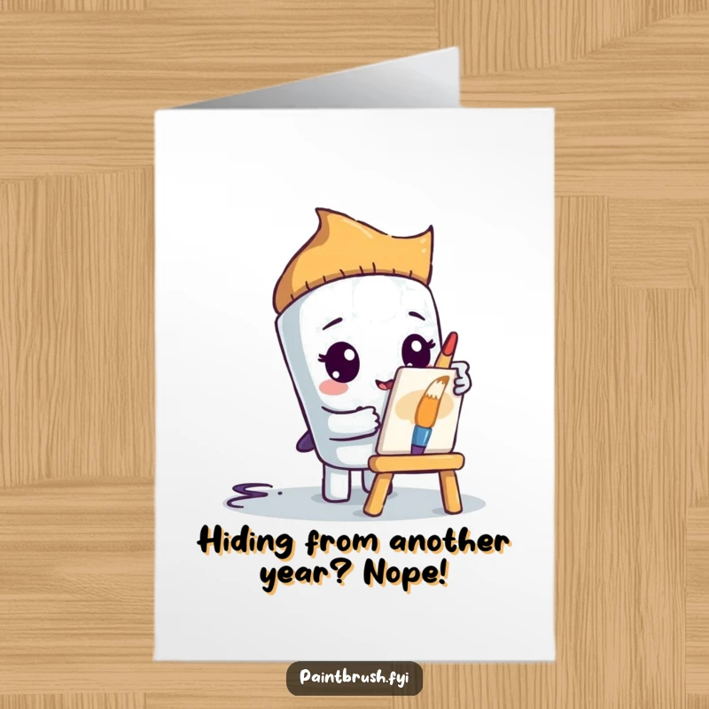 Funny Free Printable Paintbrush character peeking shyly from behind a tiny easel, suitable for a birthday card.