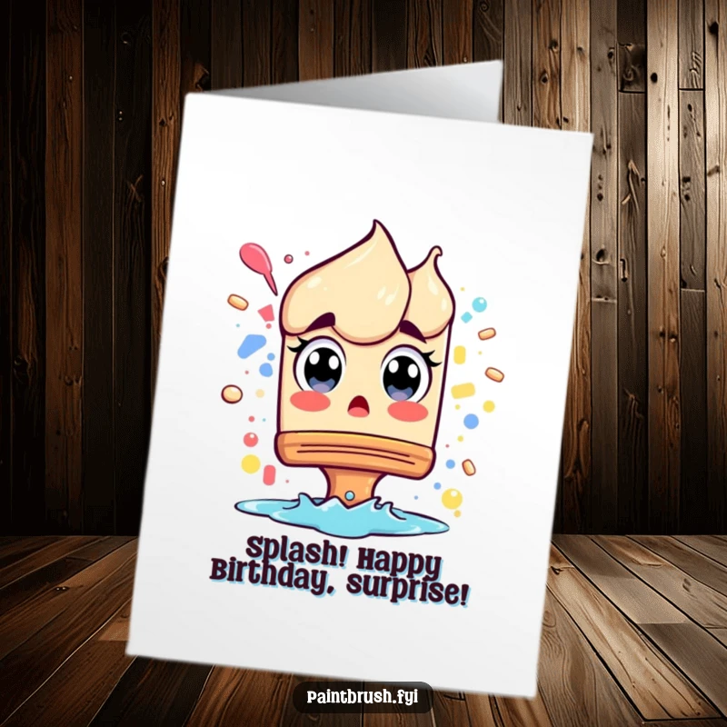 Funny Free Printable Birthday Card featuring a paintbrush character with wide eyes, comically surprised by a colorful splash, perfect for shock value.