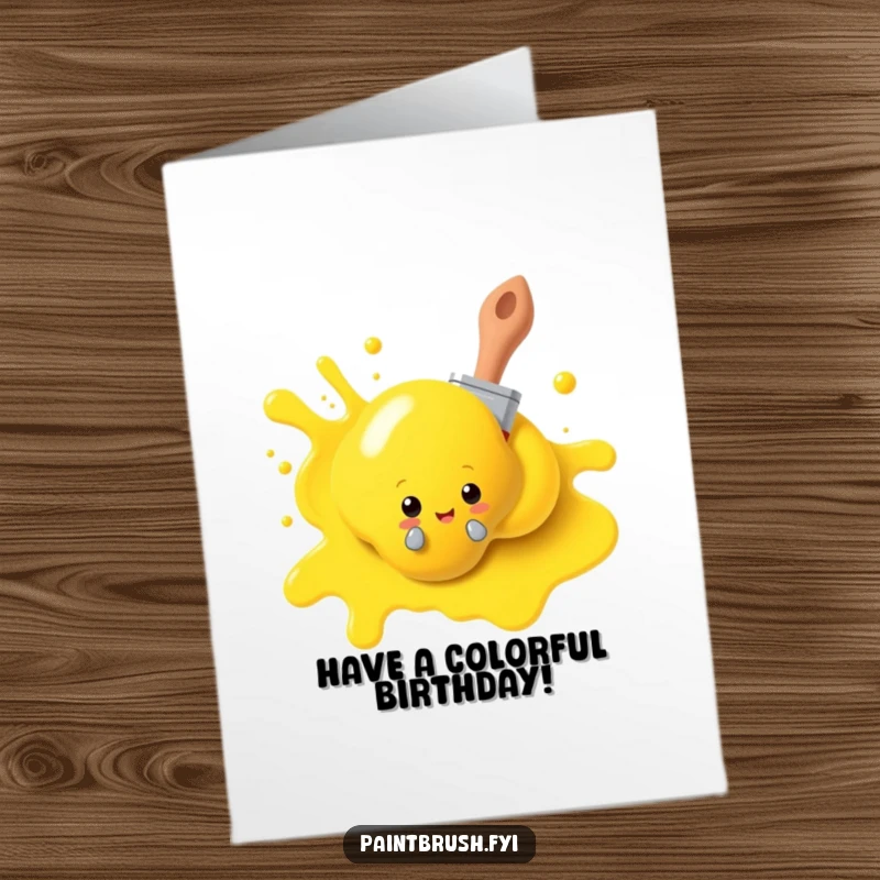 Funny Free Printable Birthday Card: A paintbrush character playfully peeking from behind yellow paint, ready to celebrate.