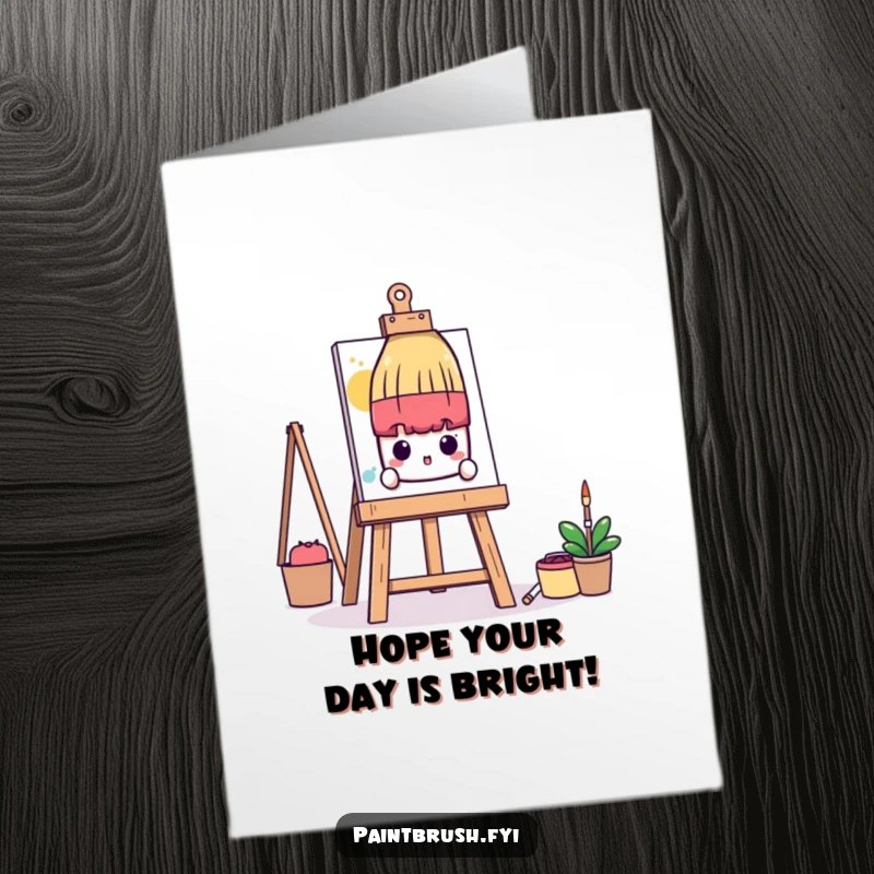 Funny Free Printable Birthday Card: Shy paintbrush character peeking from behind a giant easel, cute and humorous.