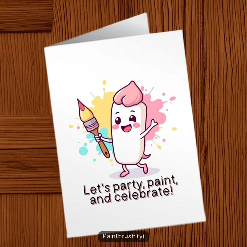 Funny Free Printable Birthday Card: Happy paintbrush character dances gleefully with a cheerful, animated paint splotch.
