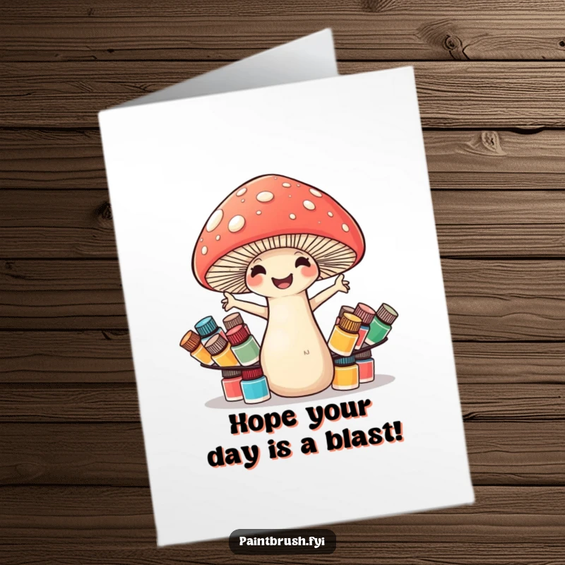Funny Free Printable Birthday Card featuring a cheerful mushroom artist precariously balancing many tiny paint pots.