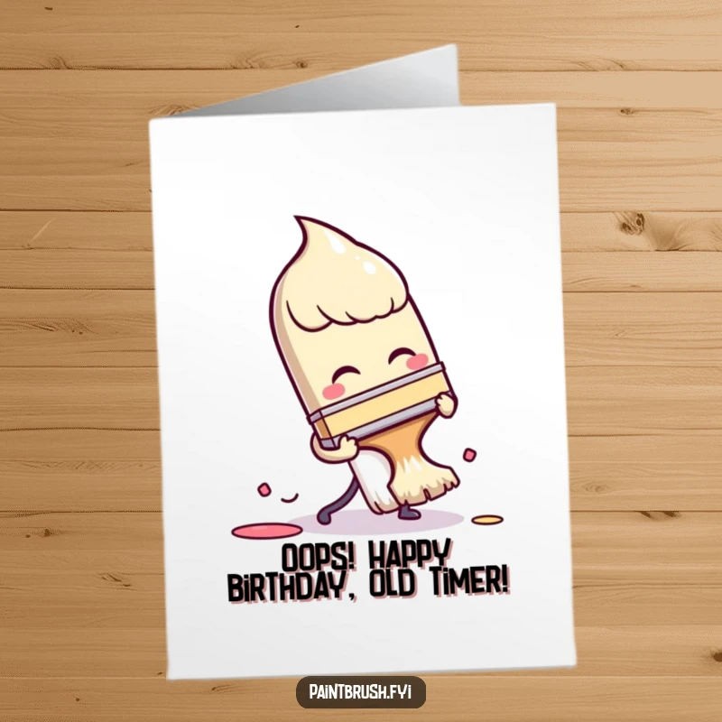 Funny Free Printable Birthday Card featuring a clumsy paintbrush character comically tripping over its own colorful bristles, perfect for a laugh.