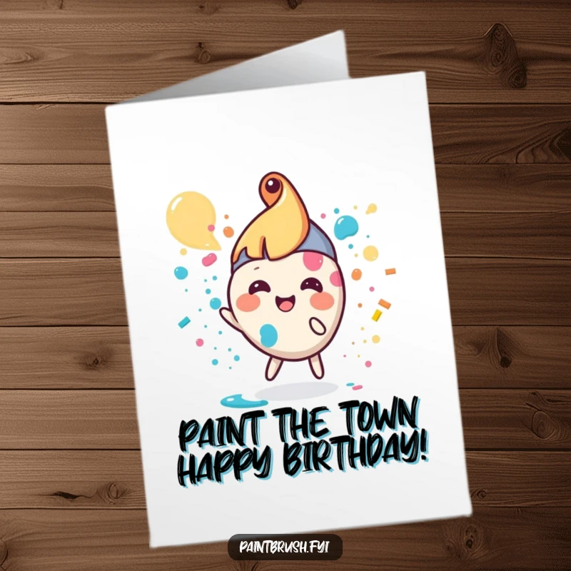 Funny Free Printable Birthday Card: Small, round paintbrush character joyfully splattering colorful paint everywhere.