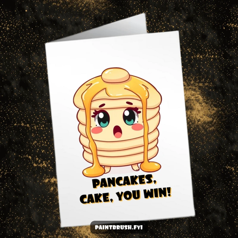 Funny Free Printable Birthday Card: Surprised Pancake Character Wide-Eyed with Syrup Waterfalls, A Shocking Treat