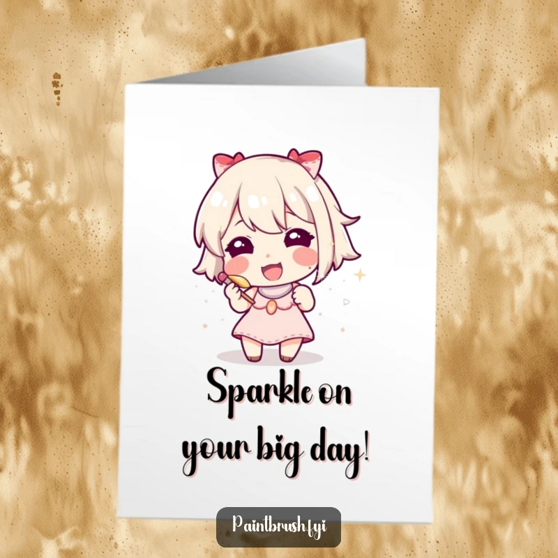 Funny Free Printable Birthday Card: Character meticulously applying glitter with a tiny brush, a focused downloadable artist.