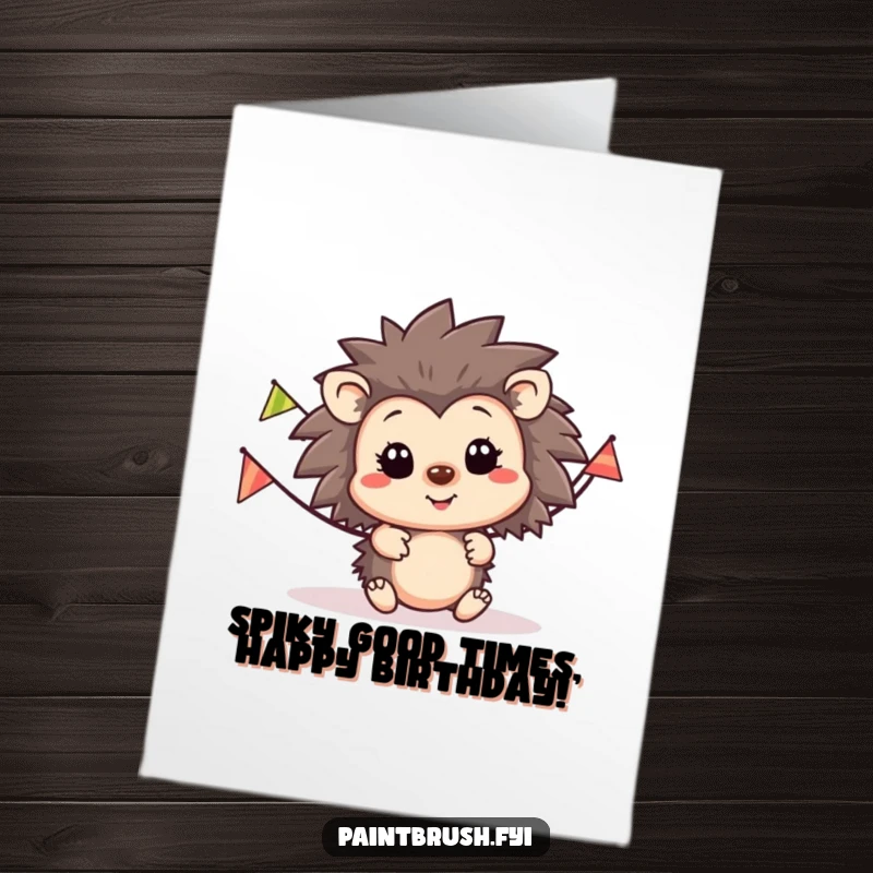 Funny Free Printable Birthday Card featuring a happy hedgehog with a festive stripey banner, ready to party.