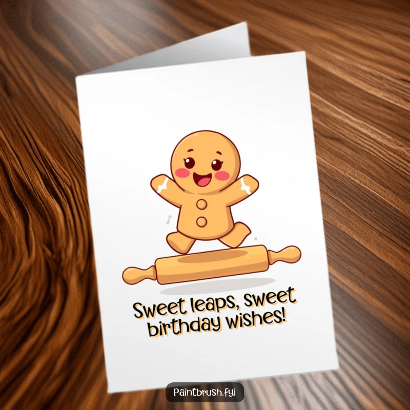 Funny Free Printable Birthday Card: Gingerbread cookie joyfully leaping over a rolling pin, ready to celebrate.