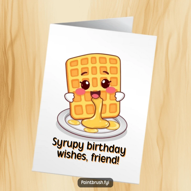 Funny Free Printable Birthday Card: Smiling Waffle Character Playfully Splashing Syrup onto a Plate, Breakfast Fun