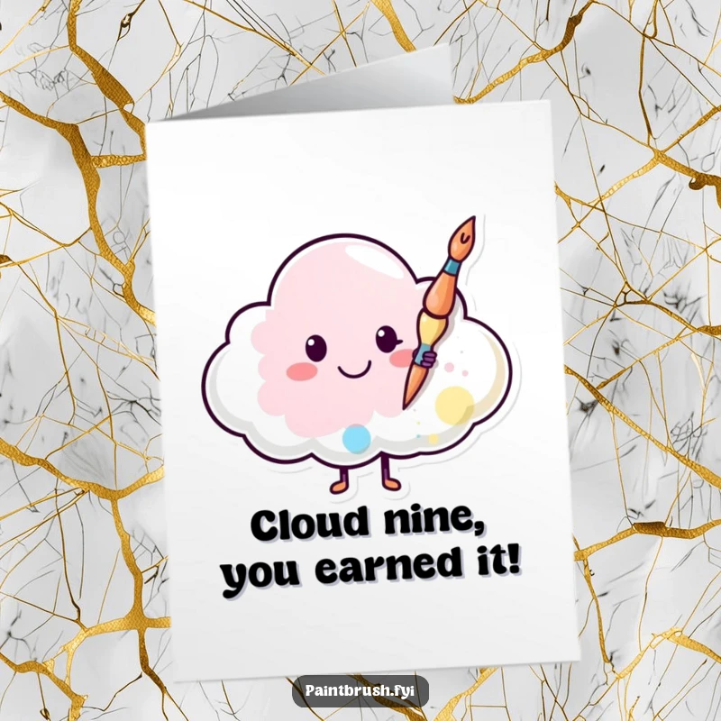 Funny Free Printable Congratulations Card: Paintbrush character painting a happy smiley face onto a cloud, a cheerful downloadable for any achievement.