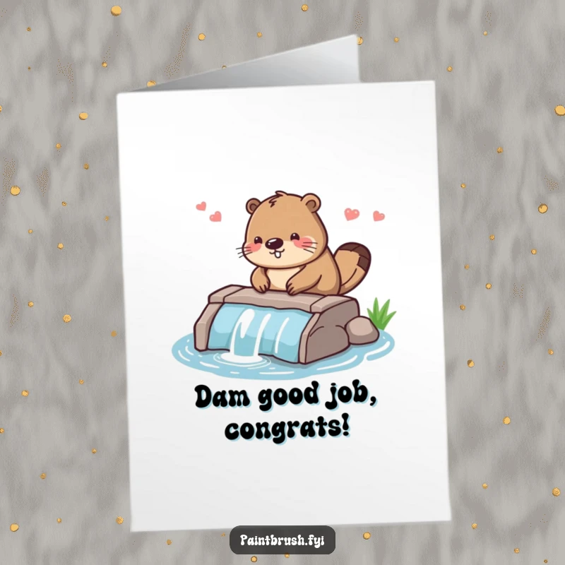 Funny Free Printable Congratulations Card: A diligent beaver character smoothly finishing a dam, celebrating your successful project.