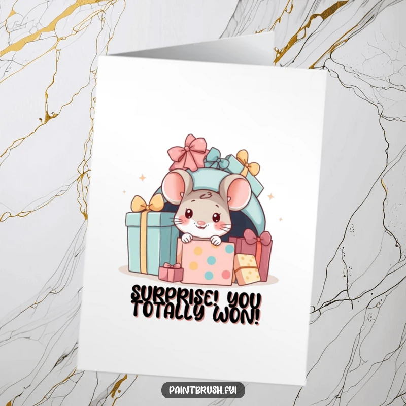 Funny Free Printable Congratulations Card with a small mouse peeking from beneath a mountain of celebratory gifts.