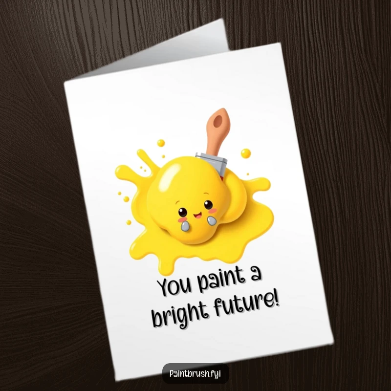 Funny Free Printable Congratulations Card: A paintbrush character peeking from behind yellow paint, celebrating a colorful accomplishment.