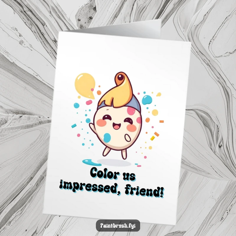 Funny Free Printable Congratulations Card: Small, round paintbrush character joyfully splattering paint, celebrating creativity.