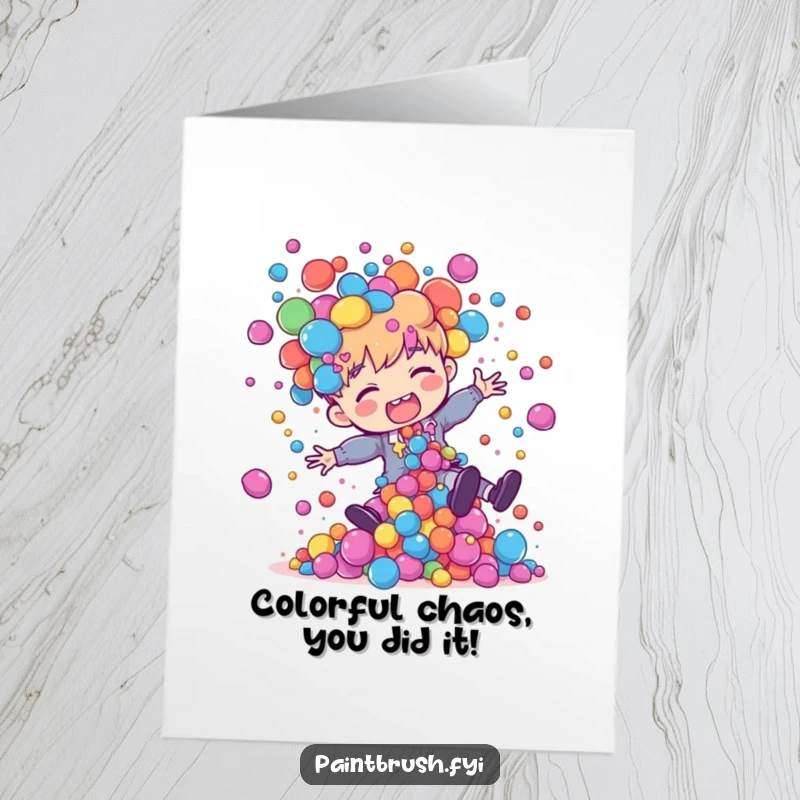 Funny Free Printable Congratulations Card: A painter character tripping, creating a delightful cascade of colorful paint blobs.