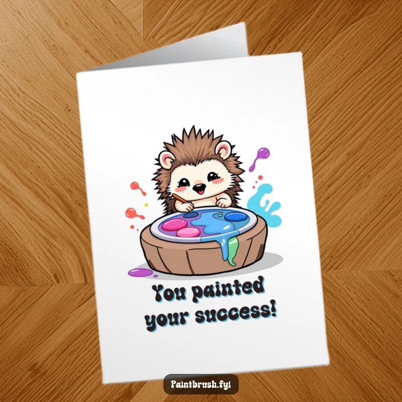 Funny Free Printable Hedgehog Congratulations Card: A playful hedgehog covered in paint celebrates with artistic flair.