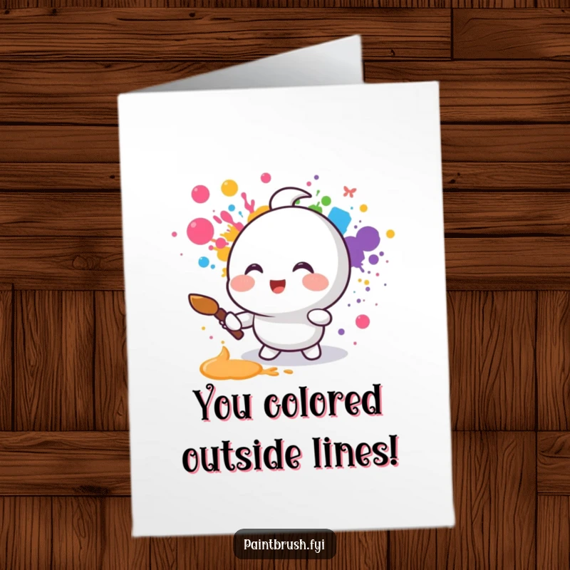 Funny Free Printable Congrats Card: Round character gleefully splattering vibrant rainbow colors with a paintbrush, a symbol of success.