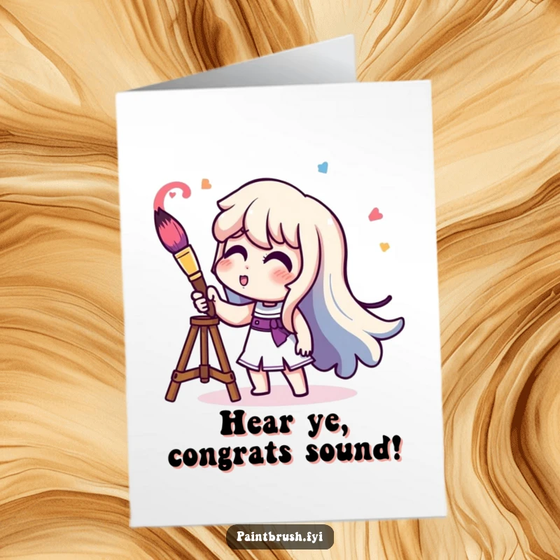 Funny Free Printable Congratulations Card: Character tooting a paintbrush trumpet, releasing a vibrant sound wave, a downloadable fanfare.