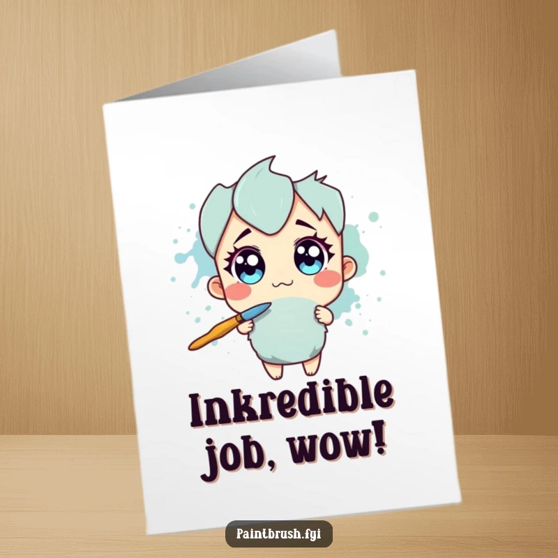 Funny Free Printable Congratulations Card: Paintbrush character with wide eyes recoiling from a large splotch of ink, reacting comically.