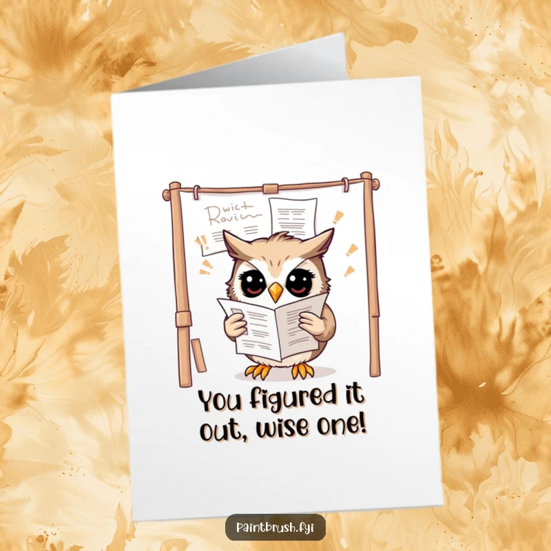 Funny Free Printable Congratulations Card featuring a confused owl attempting to decipher upside-down art instructions on a canvas.