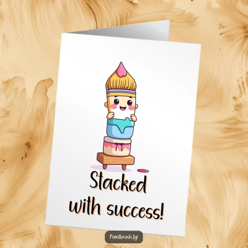 Funny Free Printable Congratulations Card: A paintbrush character precariously balances a tower of colorful paint pots, symbolizing a precarious but successful achievement.