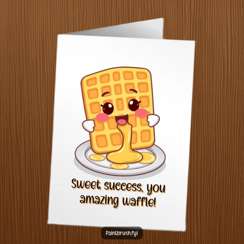 Funny Free Printable Congrats Card: Smiling Waffle Character Splashing Syrup, Celebrating Success with a Sweet Mess