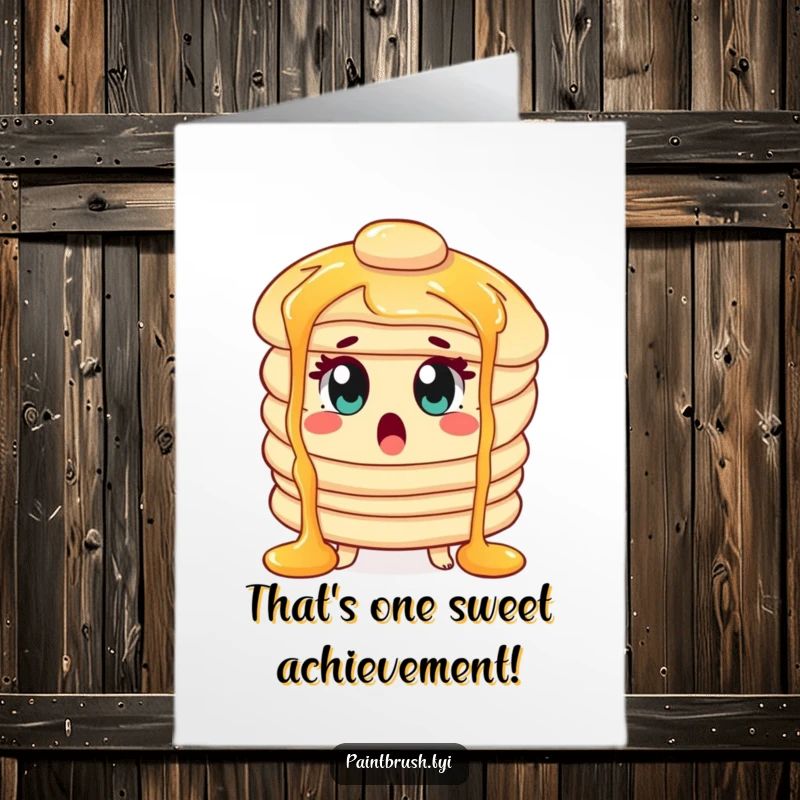 Funny Free Printable Congrats Card: Surprised Pancake Character Eyes Wide, Overwhelmed by Success with Syrup Waterfalls