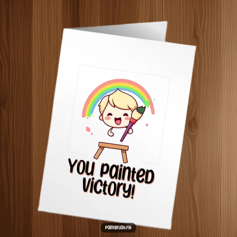 Funny Free Printable Congratulations Card: Paintbrush character joyfully painting a rainbow arc across a blank canvas, celebrating success.